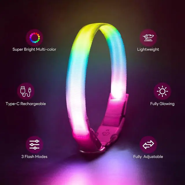Alt view image 4 of 6 - LED Dog Collar, Light Up Dog Collar with RGB Macaron Lighting Mode, Glow in the Dark Dog Collar, Type-C Rechargeable, Waterproof, Super Bright TPU, Battery Display for Small Medium Large Dogs