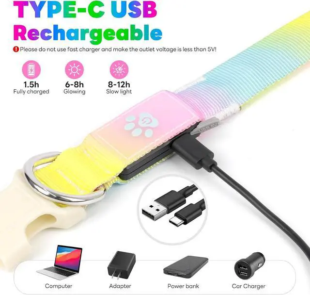 Alt view image 5 of 6 - LED Dog Collar, Light Up Dog Collar with RGB Macaron Lighting Mode, Glow in the Dark Dog Collar, Type-C Rechargeable, Waterproof, Super Bright TPU, Battery Display for Small Medium Large Dogs