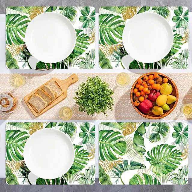 Alt view image 5 of 7 - Tarklanda Palm Leaf Plastic Placemats Set of 6, Summer Tropical Plant Decorative Place Mat Hawaiian Wipeable Vinyl Table Mats for Kitchen Dining Indoor Outdoor Luau Party, 11 x 15.7 Inch