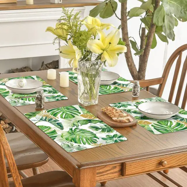 Alt view image 6 of 7 - Tarklanda Palm Leaf Plastic Placemats Set of 6, Summer Tropical Plant Decorative Place Mat Hawaiian Wipeable Vinyl Table Mats for Kitchen Dining Indoor Outdoor Luau Party, 11 x 15.7 Inch