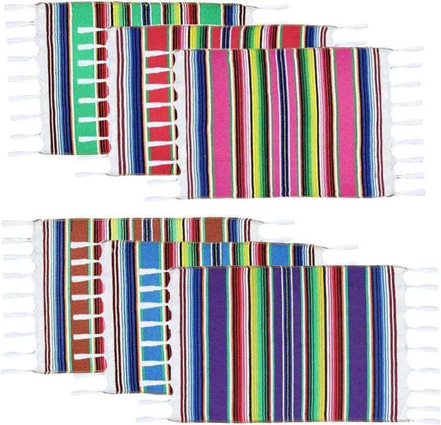 Main image of Mexican Serape Placemats for Mexican Party Wedding Decor Outdoor Dining Kitchen Table Set of 6, 13 x 19 Inch Fringe Cotton Handwoven Table Place Mat (Multi-Color)