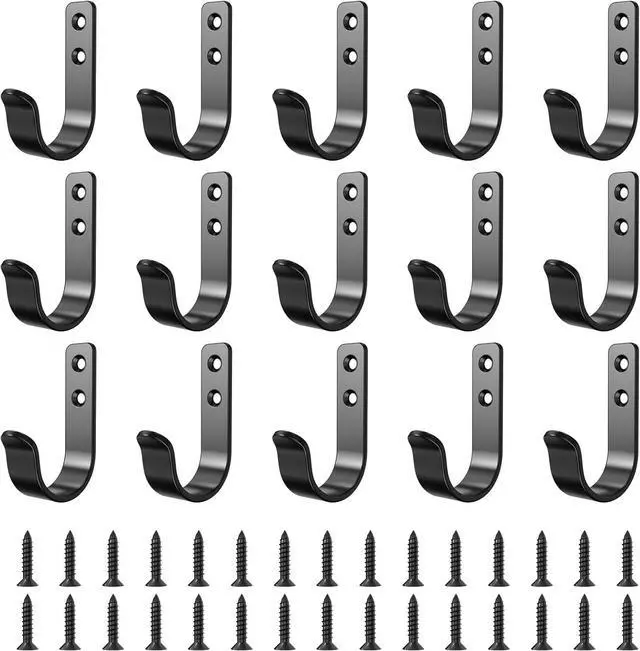 Main image of 15-Pack Black Metal Wall Mount Hooks for Hanging Coats & Towel | Screw-in Single Hooks for Clothing, Robe, Bathroom, Entryway, Garage