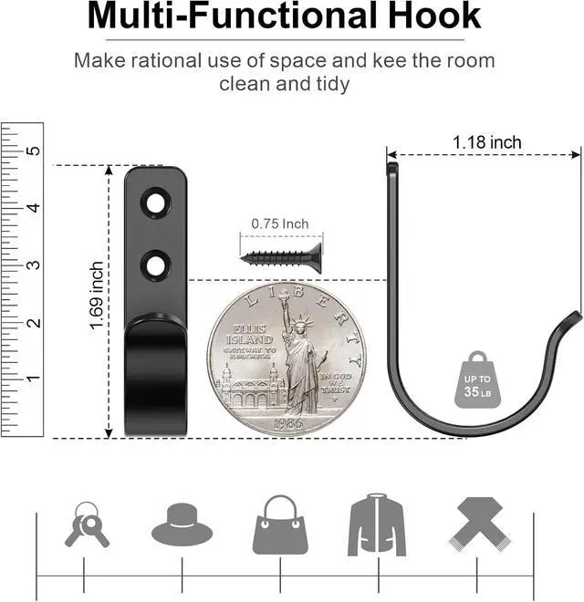 Alt view image 2 of 7 - 15-Pack Black Metal Wall Mount Hooks for Hanging Coats & Towel | Screw-in Single Hooks for Clothing, Robe, Bathroom, Entryway, Garage