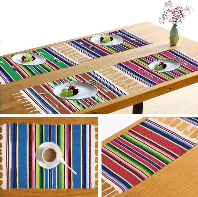 Alt view image 3 of 6 - Mexican Serape Placemats for Mexican Party Wedding Decor Outdoor Dining Kitchen Table Set of 6, 13 x 19 Inch Fringe Cotton Handwoven Table Place Mat (Multi-Color)