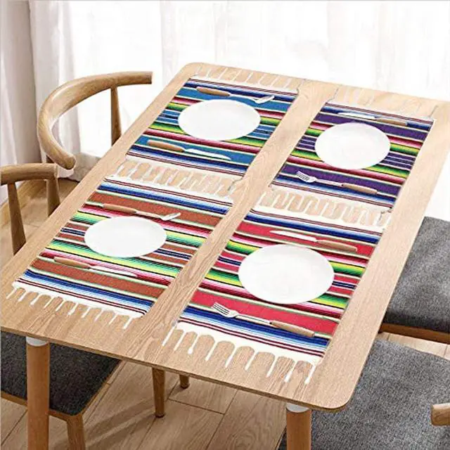 Alt view image 6 of 6 - Mexican Serape Placemats for Mexican Party Wedding Decor Outdoor Dining Kitchen Table Set of 6, 13 x 19 Inch Fringe Cotton Handwoven Table Place Mat (Multi-Color)