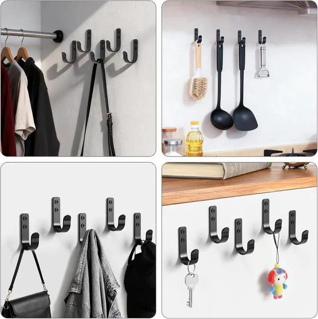 Alt view image 5 of 7 - 15-Pack Black Metal Wall Mount Hooks for Hanging Coats & Towel | Screw-in Single Hooks for Clothing, Robe, Bathroom, Entryway, Garage