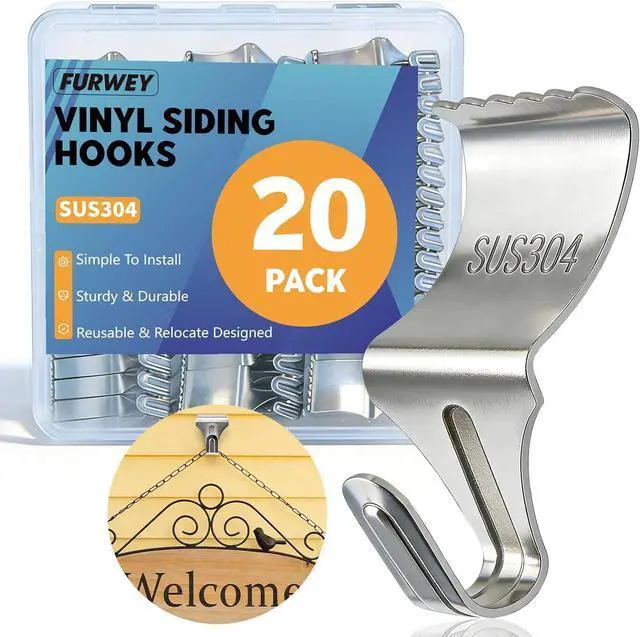 Main image of FURWEY Vinyl Siding Hooks, 20 Pack, Heavy Duty Stainless Steel | No Hole Vinyl Siding Clips, for Outdoor & Festive Decoration