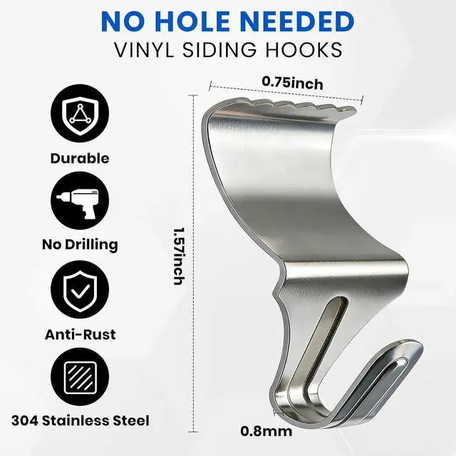 Alt view image 2 of 7 - FURWEY Vinyl Siding Hooks, 20 Pack, Heavy Duty Stainless Steel | No Hole Vinyl Siding Clips, for Outdoor & Festive Decoration