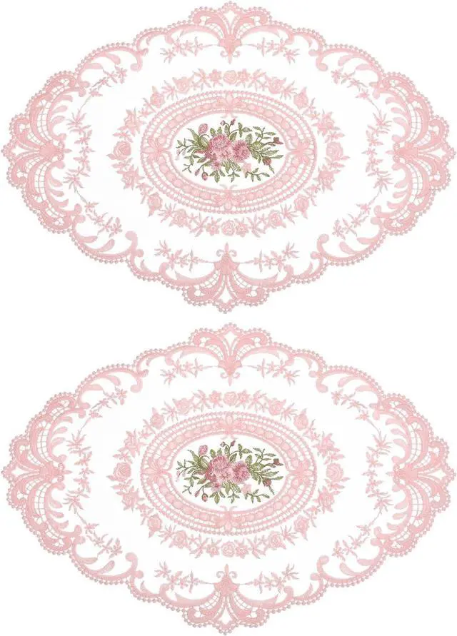Main image of uxcell Retro Lace Placemat 12x16 Oval Embroidered Table Place 2Pack Pink | Table Place Mats French Crochet Doilies Coasters Cup Mat for Home Wedding