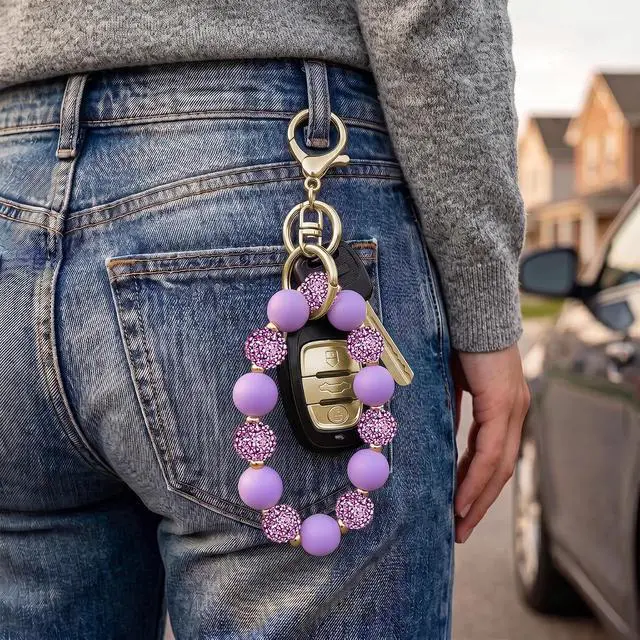 Alt view image 5 of 7 - M-Plateau Elastic Food-Grade Silicone Beaded Wristlet Keychain | Car Key Chain Bracelet, Silicone Wrist keychain with Key Ring for Women