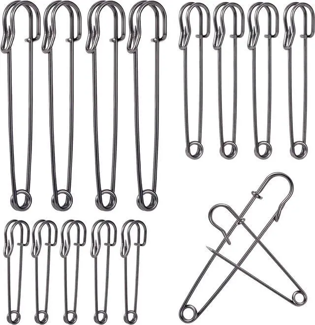 Main image of HINZIC 15pcs Large Safety Pins for Thick Fabric, 3 Sizes Heavy Duty Rustproof Safety Pin, Big Oversized Safety Pins for Securing Clothes Blanket Leather Canvas Bandages Outdoor Tents- Black