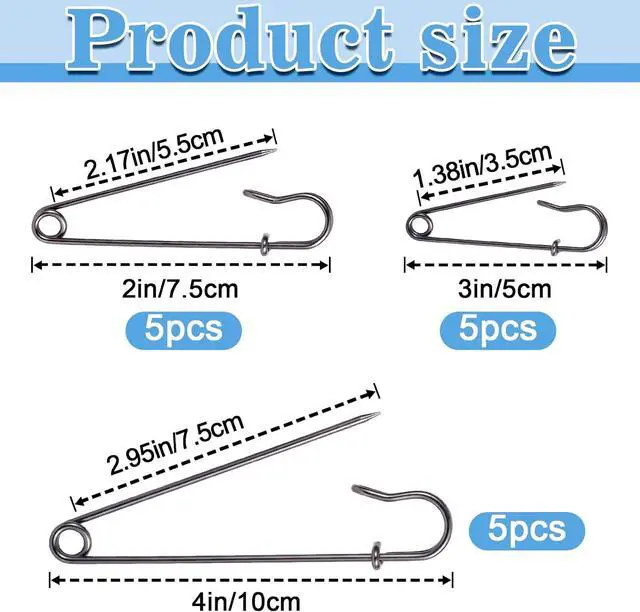 Alt view image 2 of 7 - HINZIC 15pcs Large Safety Pins for Thick Fabric, 3 Sizes Heavy Duty Rustproof Safety Pin, Big Oversized Safety Pins for Securing Clothes Blanket Leather Canvas Bandages Outdoor Tents- Black