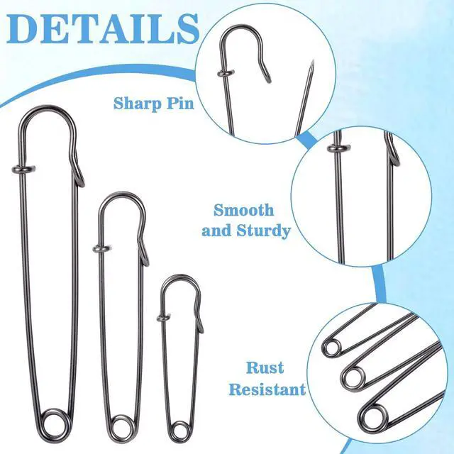 Alt view image 3 of 7 - HINZIC 15pcs Large Safety Pins for Thick Fabric, 3 Sizes Heavy Duty Rustproof Safety Pin, Big Oversized Safety Pins for Securing Clothes Blanket Leather Canvas Bandages Outdoor Tents- Black