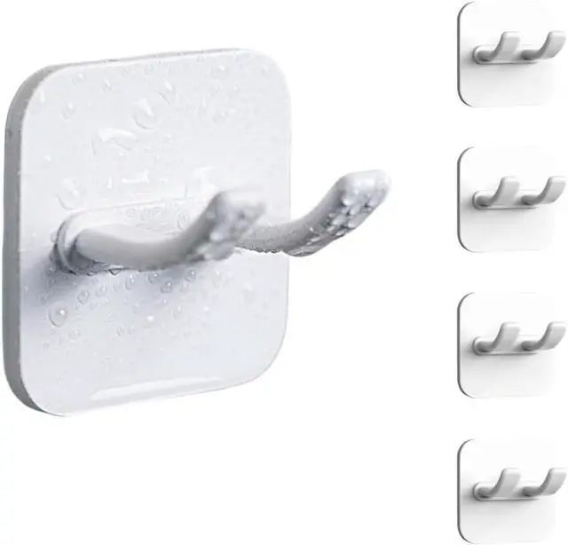 Main image of Adhesive Utility Hooks,Waterproof Sticking Double Hooks,No Damage Wall Hanger,Multi Purpose White Plastic Hook for Shaving Razor, Towel, Robe,Plug, Keys, Kitchen Utensils(5)