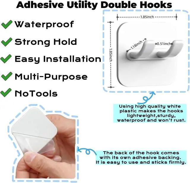 Alt view image 2 of 7 - Adhesive Utility Hooks,Waterproof Sticking Double Hooks,No Damage Wall Hanger,Multi Purpose White Plastic Hook for Shaving Razor, Towel, Robe,Plug, Keys, Kitchen Utensils(5)