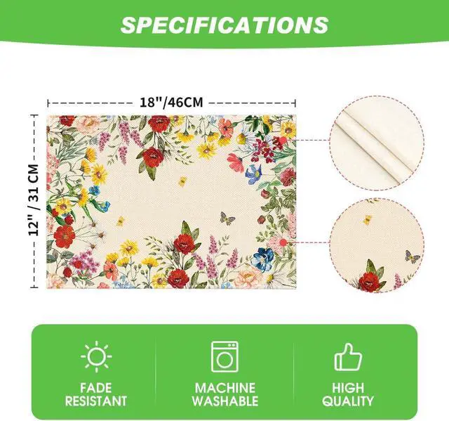 Alt view image 6 of 7 - Artoid Mode Vintage Floral Spring Placemats Set of 4, 12x18 Inch Seasonal Holiday Table Mats for Party Kitchen Dining Decoration