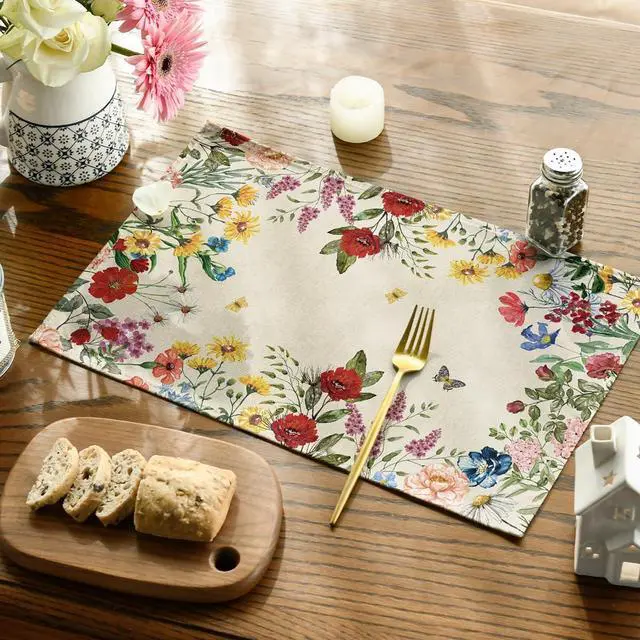 Alt view image 4 of 7 - Artoid Mode Vintage Floral Spring Placemats Set of 4, 12x18 Inch Seasonal Holiday Table Mats for Party Kitchen Dining Decoration