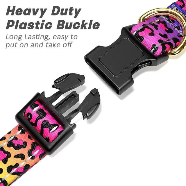 Alt view image 4 of 7 - Reflective Dog Collar, Adjustable Puppy Collar, Neon Leopard, XS | Neck Fit 8-12", Stylish Print Design, Heavy Duty Breathable Nylon, Soft Comfort Fit, Night Walking Safety, Outdoor Activities