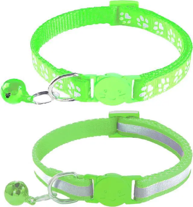 Main image of 2 Pack Breakaway Cat Collars with Bells, Reflective Design and Claw Print Design, Safety Buckle, Adjustable 7.5-12.5 Inches for Kittens & Cats (Fluorescent Green)