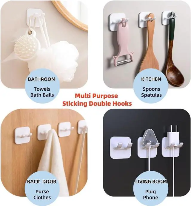Alt view image 4 of 7 - Adhesive Utility Hooks,Waterproof Sticking Double Hooks,No Damage Wall Hanger,Multi Purpose White Plastic Hook for Shaving Razor, Towel, Robe,Plug, Keys, Kitchen Utensils(5)