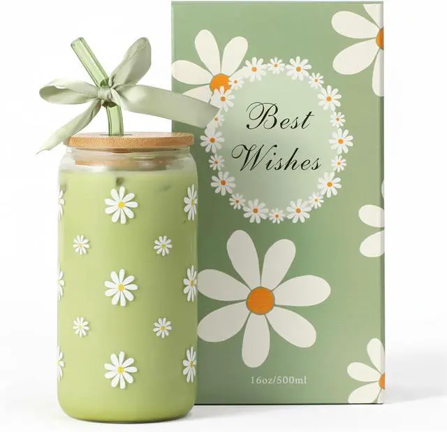 Main image of Cute Matcha Glass Cup Daisy Coffee Cups Birthday Gifts for Women | Sage Green Aesthetic Mug Tumbler with Lids and Straws for Mothers Day Thanksgiving Christmas Coffee Lover Teen Girl 16oz