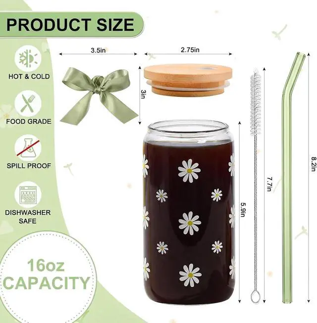 Alt view image 5 of 7 - Cute Matcha Glass Cup Daisy Coffee Cups Birthday Gifts for Women | Sage Green Aesthetic Mug Tumbler with Lids and Straws for Mothers Day Thanksgiving Christmas Coffee Lover Teen Girl 16oz