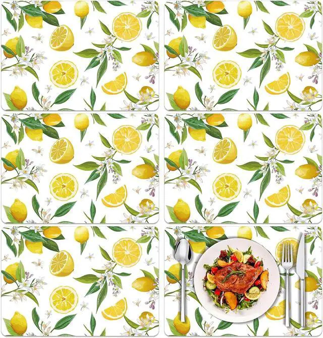 Main image of Summer Lemons Placemats Set of 6 Yellow Lemon Floral Plastic Place Mats Washable Vinyl Rustic Holiday Decorative Table Mats Suitable for Indoor and Outdoor Kitchen Dining Tables