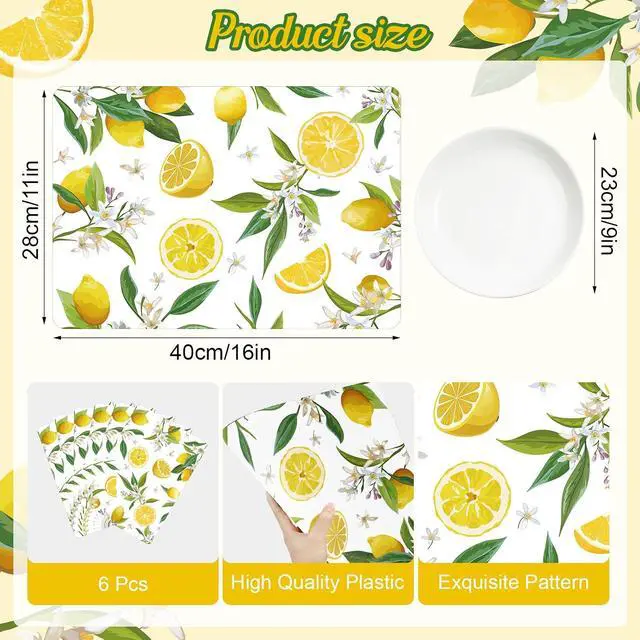 Alt view image 2 of 7 - Summer Lemons Placemats Set of 6 Yellow Lemon Floral Plastic Place Mats Washable Vinyl Rustic Holiday Decorative Table Mats Suitable for Indoor and Outdoor Kitchen Dining Tables