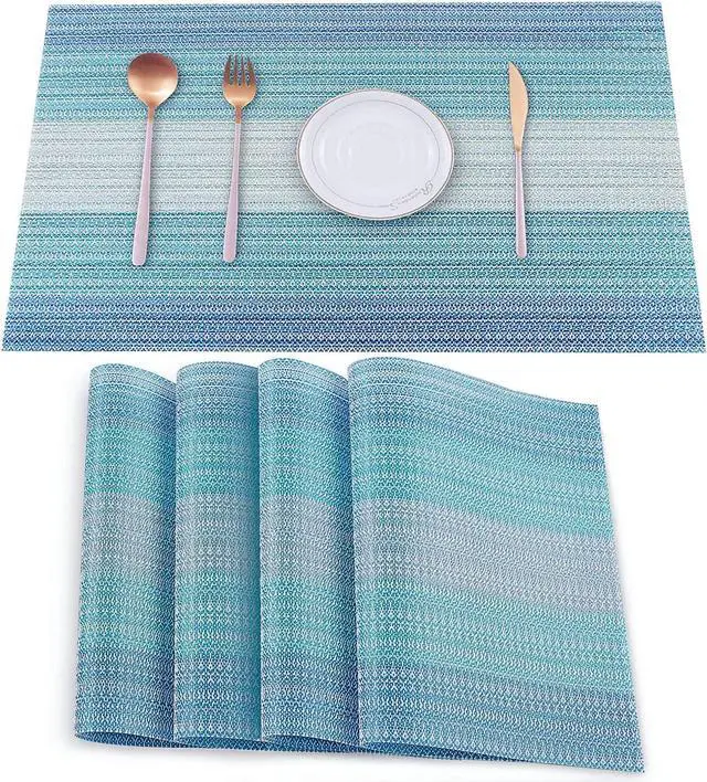 Main image of HeloHo Placemats Set of 4,Vinyl Table Place Mats Stain Resistant Foldable Placemats Washable Wipeable Placemat for Kitchen Dining Table Decoration Indoor OutdoorBlue