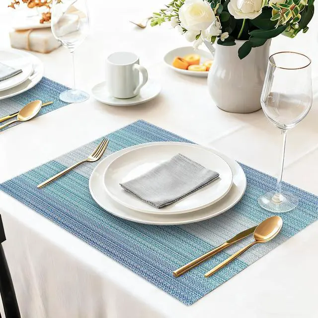 Alt view image 2 of 7 - HeloHo Placemats Set of 4,Vinyl Table Place Mats Stain Resistant Foldable Placemats Washable Wipeable Placemat for Kitchen Dining Table Decoration Indoor OutdoorBlue