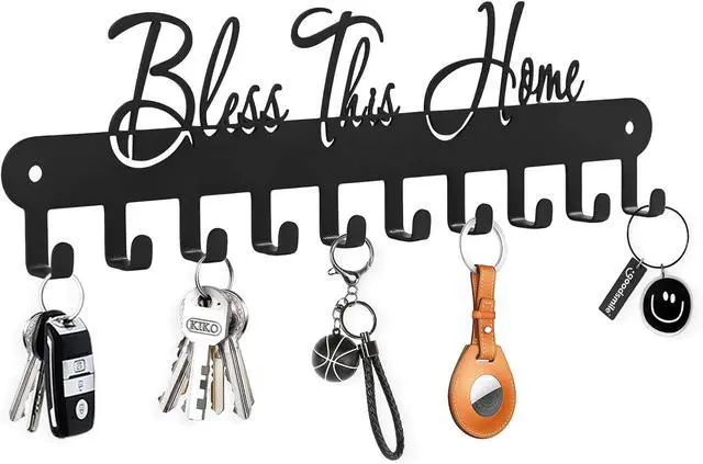 Main image of Personalized Fashion Phrase Key Holder Wall Mount | Bless This Home Key Hooks for Wall Decoration, Black Metal Key Hanger with 10 Hooks for Entryway, Office, Living Room Decor