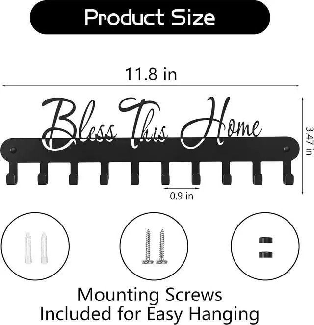 Alt view image 2 of 7 - Personalized Fashion Phrase Key Holder Wall Mount | Bless This Home Key Hooks for Wall Decoration, Black Metal Key Hanger with 10 Hooks for Entryway, Office, Living Room Decor