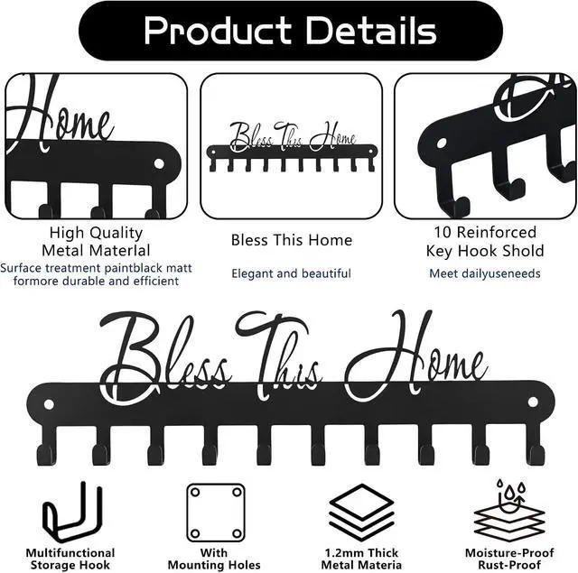 Alt view image 3 of 7 - Personalized Fashion Phrase Key Holder Wall Mount | Bless This Home Key Hooks for Wall Decoration, Black Metal Key Hanger with 10 Hooks for Entryway, Office, Living Room Decor