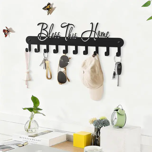 Alt view image 5 of 7 - Personalized Fashion Phrase Key Holder Wall Mount | Bless This Home Key Hooks for Wall Decoration, Black Metal Key Hanger with 10 Hooks for Entryway, Office, Living Room Decor