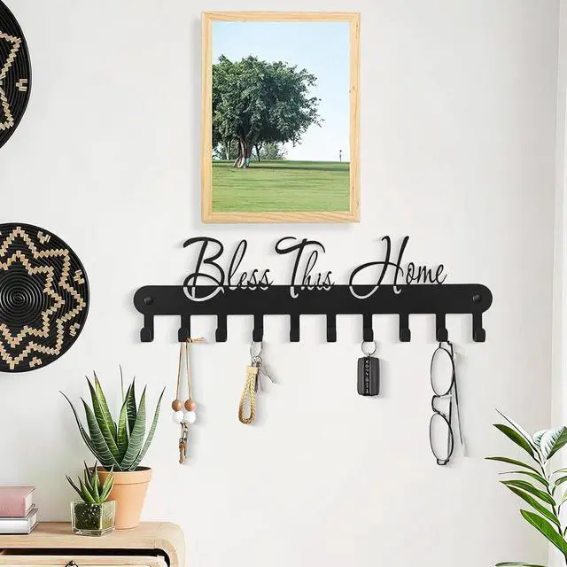 Alt view image 6 of 7 - Personalized Fashion Phrase Key Holder Wall Mount | Bless This Home Key Hooks for Wall Decoration, Black Metal Key Hanger with 10 Hooks for Entryway, Office, Living Room Decor