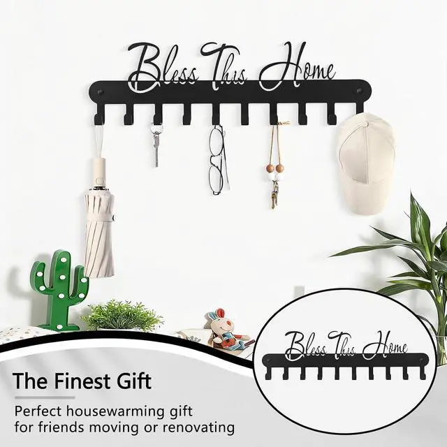 Alt view image 7 of 7 - Personalized Fashion Phrase Key Holder Wall Mount | Bless This Home Key Hooks for Wall Decoration, Black Metal Key Hanger with 10 Hooks for Entryway, Office, Living Room Decor