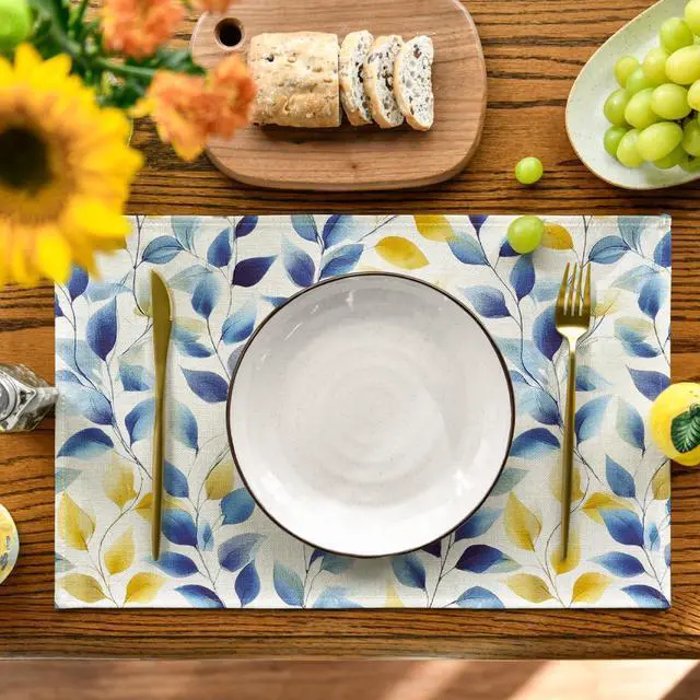 Alt view image 2 of 7 - Artoid Mode Watercolor Blue Yellow Leaves Summer Placemats Set of 4, 12x18 Inch Seasonal Holiday Table Mats for Party Kitchen Dining Decoration