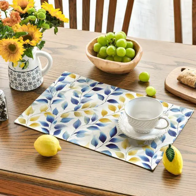 Alt view image 3 of 7 - Artoid Mode Watercolor Blue Yellow Leaves Summer Placemats Set of 4, 12x18 Inch Seasonal Holiday Table Mats for Party Kitchen Dining Decoration