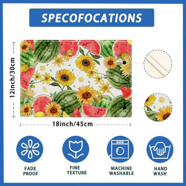 Alt view image 5 of 5 - XCHI Summer Watermelon Placemats Set of 4 Table Decor 12x18 Inch | Sunflower Lemon Watercolor Table Mats for Party Kitchen Dining Home Decorations