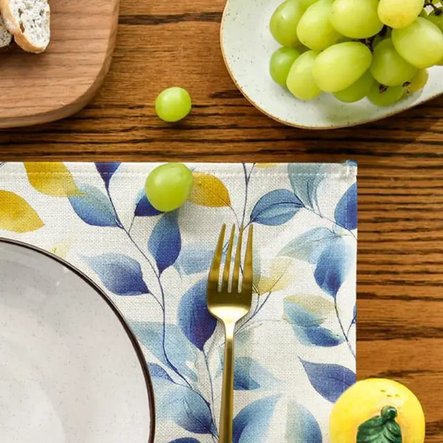 Alt view image 6 of 7 - Artoid Mode Watercolor Blue Yellow Leaves Summer Placemats Set of 4, 12x18 Inch Seasonal Holiday Table Mats for Party Kitchen Dining Decoration