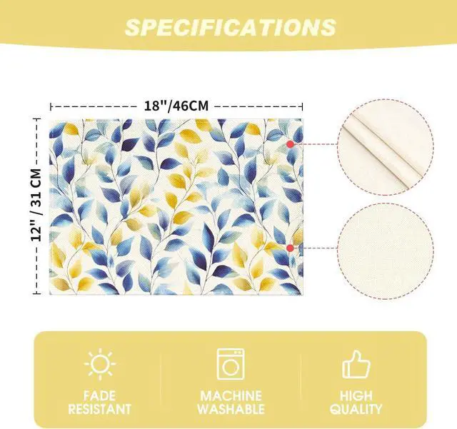 Alt view image 7 of 7 - Artoid Mode Watercolor Blue Yellow Leaves Summer Placemats Set of 4, 12x18 Inch Seasonal Holiday Table Mats for Party Kitchen Dining Decoration
