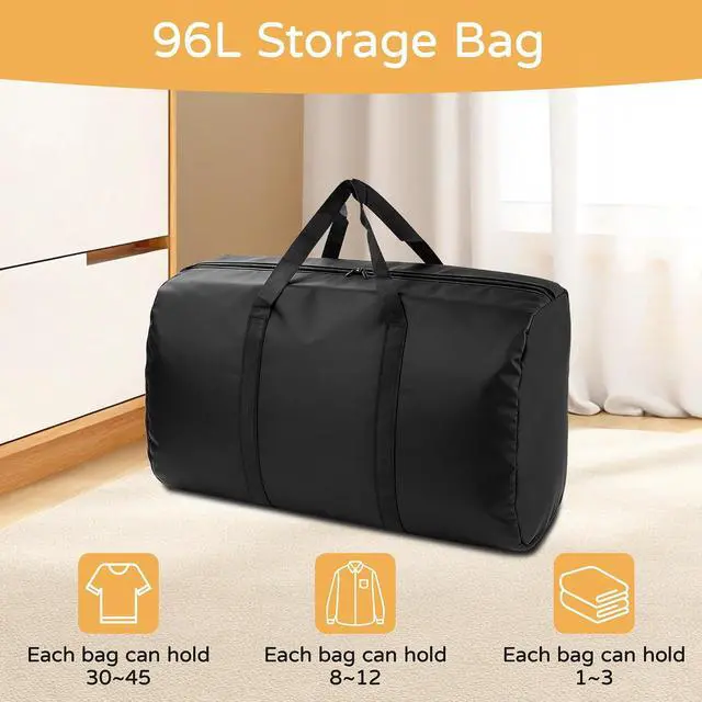 Alt view image 5 of 7 - 2 Pack 96L Extra Large Moving Bags with Zippers & Carrying Handles for Storage, Packing, Traveling, Camping, Langdry, Big Heavy Duty Moving Totes Bags for Clothes, Supplies and Space Saving Black