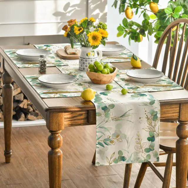 Alt view image 5 of 7 - Artoid Mode Eucalyptus Summer Placemats for Dining Table, 12 x 18 Inch Spring Seasonal Holiday Decoration Rustic Vintage Washable Table Mats Set of 4 Beige