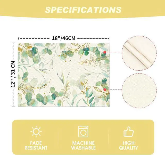 Alt view image 6 of 7 - Artoid Mode Eucalyptus Summer Placemats for Dining Table, 12 x 18 Inch Spring Seasonal Holiday Decoration Rustic Vintage Washable Table Mats Set of 4 Beige