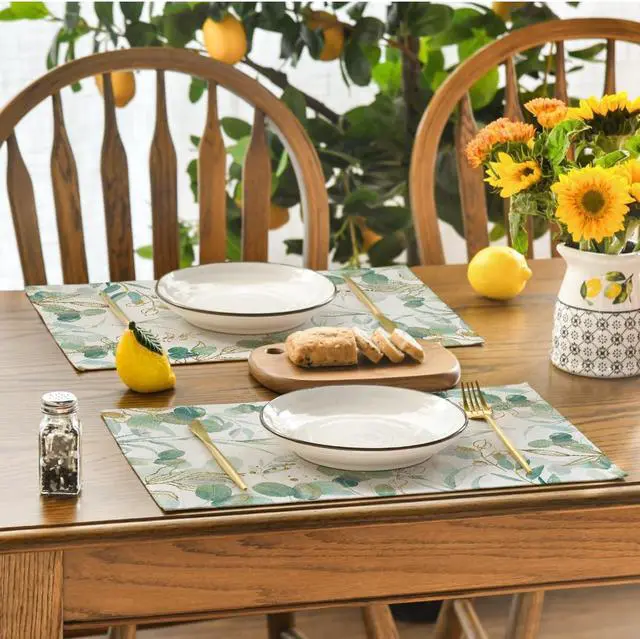 Alt view image 3 of 7 - Artoid Mode Eucalyptus Summer Placemats for Dining Table, 12 x 18 Inch Spring Seasonal Holiday Decoration Rustic Vintage Washable Table Mats Set of 4 Beige