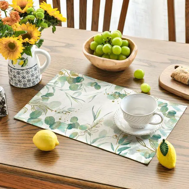 Alt view image 4 of 7 - Artoid Mode Eucalyptus Summer Placemats for Dining Table, 12 x 18 Inch Spring Seasonal Holiday Decoration Rustic Vintage Washable Table Mats Set of 4 Beige