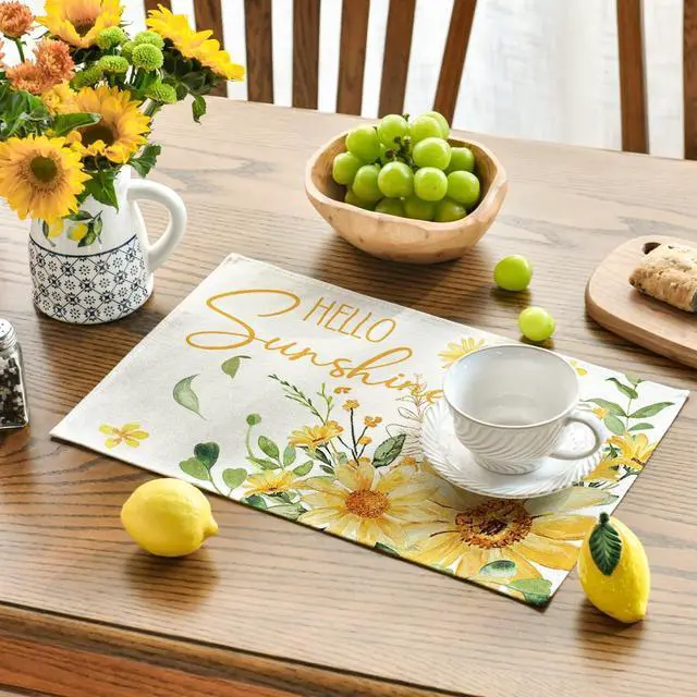 Alt view image 3 of 7 - Artoid Mode Hello Sunshine Sunflower Summer Placemats Set of 4, 12x18 Inch Seasonal Spring Holiday Table Mats for Party Kitchen Dining Decoration
