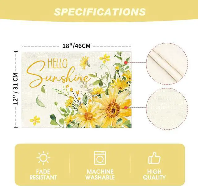 Alt view image 7 of 7 - Artoid Mode Hello Sunshine Sunflower Summer Placemats Set of 4, 12x18 Inch Seasonal Spring Holiday Table Mats for Party Kitchen Dining Decoration
