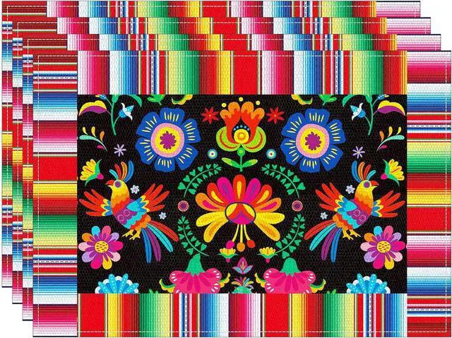Main image of 4 Pack 11.8 x 17.7 Inches Mexican Fiesta Placemats, Linen Burlap Table Plate Mats with Floral and Serape Stripe for Cinco de Mayo, Taco Night, Birthdays, Day of the Dead, Mexican-Themed Party Supplies