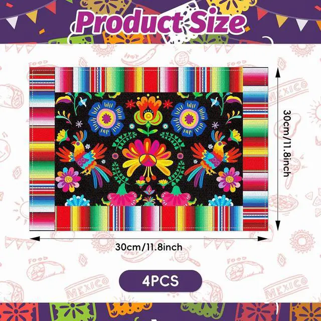 Alt view image 2 of 7 - 4 Pack 11.8 x 17.7 Inches Mexican Fiesta Placemats, Linen Burlap Table Plate Mats with Floral and Serape Stripe for Cinco de Mayo, Taco Night, Birthdays, Day of the Dead, Mexican-Themed Party Supplies
